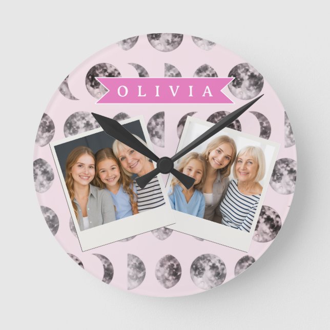 Personalized Pink Moon Phase Celestial Name Gift Round Clock (Front)