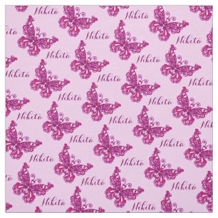 Personalized pink name butterfly stylized pattern fabric