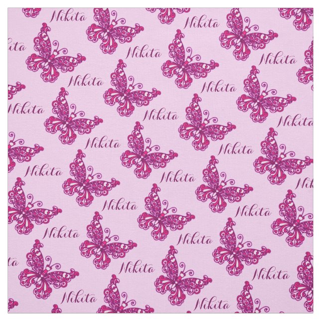 Personalized pink name butterfly stylized pattern fabric (Swatch)
