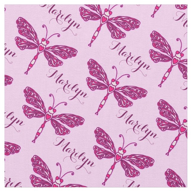 Personalized pink name dragonfly stylized pattern fabric (Close Up)