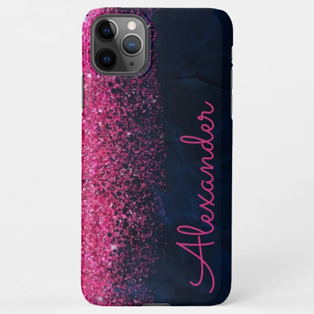 Personalized Pink Navy Glitter Marble BUDGET Girls iPhone Case (Back)