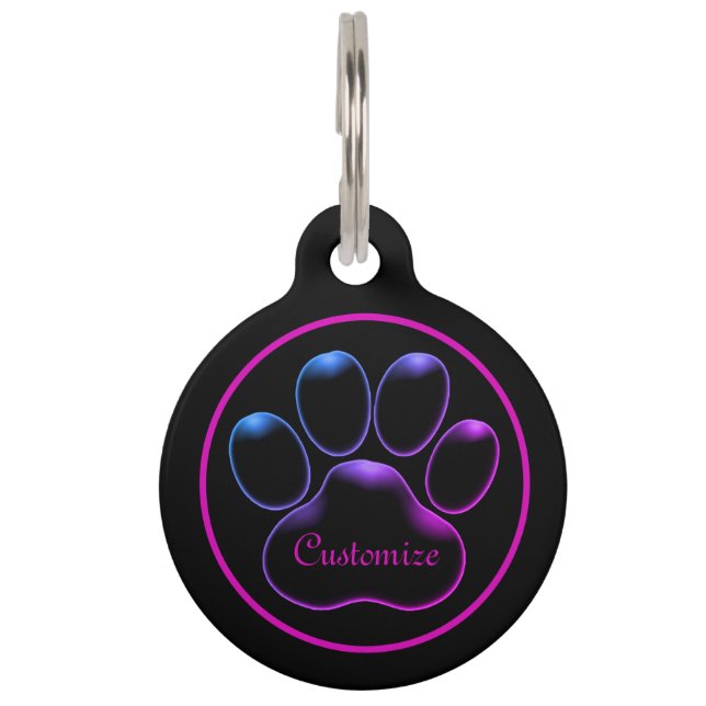 Personalized Pink Neon Glow Paw Print Pet Tag (Front)