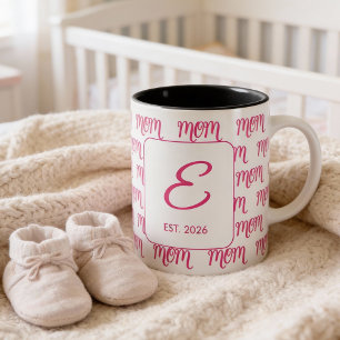Personalized Pink New Mom Monogram Established Two-Tone Coffee Mug