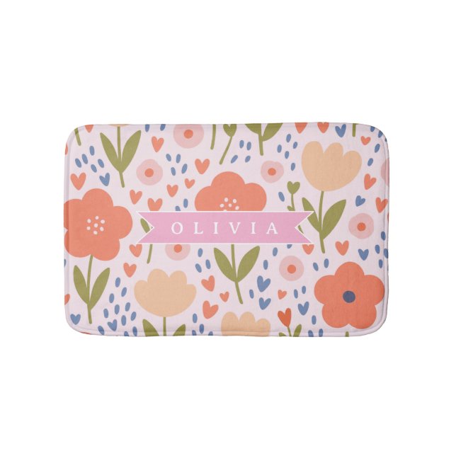 Personalized pink nordic cute folk floral pattern bath mat (Front)