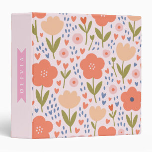 Personalized pink nordic cute folk floral pattern binder