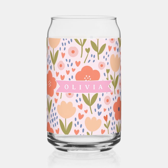 Personalized pink nordic cute folk floral pattern can glass (Front)