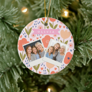 Personalized pink nordic cute folk floral pattern ceramic ornament