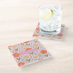 Personalized pink nordic cute folk floral pattern glass coaster