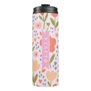 Personalized pink nordic cute folk floral pattern thermal tumbler