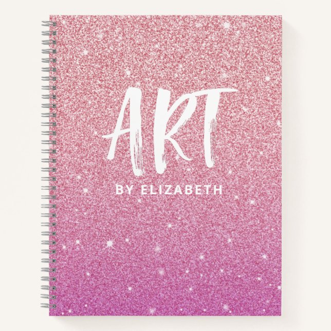 Personalized Pink Ombre Glitter Sketchbook Notebook (Front)