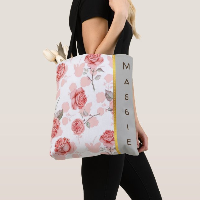 Personalized Pink on White Rose Design Tote Bag (Close Up)