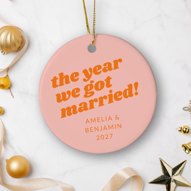 Personalized Pink Orange First Christmas Married Ceramic Ornament (Creator Uploaded)
