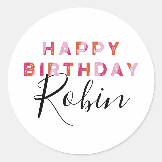 Personalized Pink Orange Letters Happy Birthday Classic Round Sticker (Front)