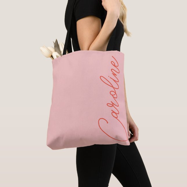 Personalized Pink Orange Simple Script Typography Tote Bag (Close Up)
