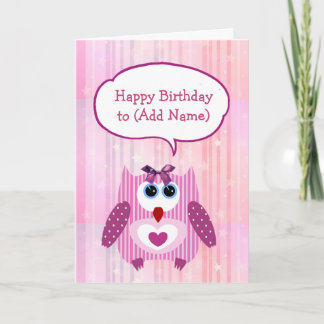 Personalized Pink Owl Happy Birthday Card