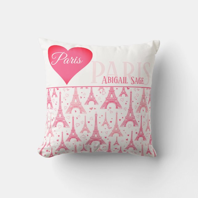 Personalized Pink Paris Heart Eiffel Tower Chic Throw Pillow (Front)