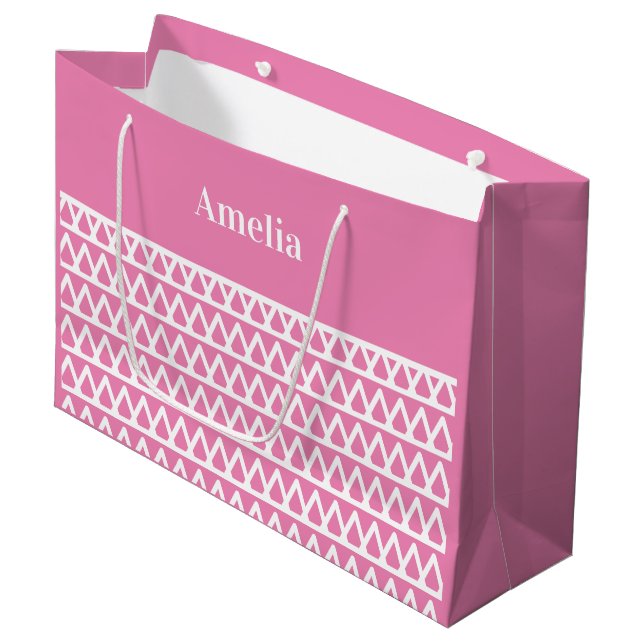 Personalized Pink Pattern Christmas Large Gift Bag (Front Angled)