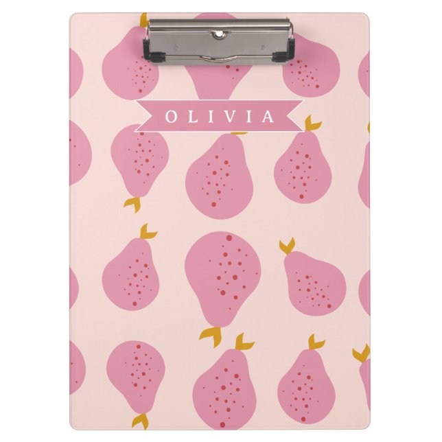 Personalized Pink Pear Pattern Cute Girly Fruit Clipboard (Front)