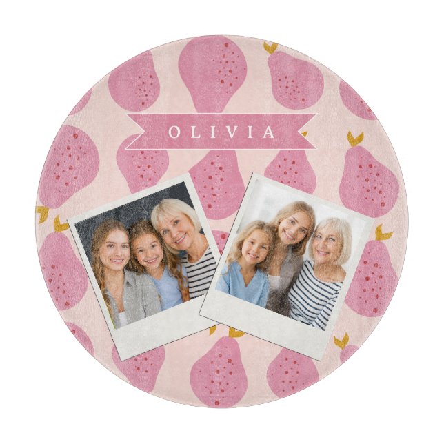 Personalized Pink Pear Pattern Cute Girly Fruit Cutting Board (Front)