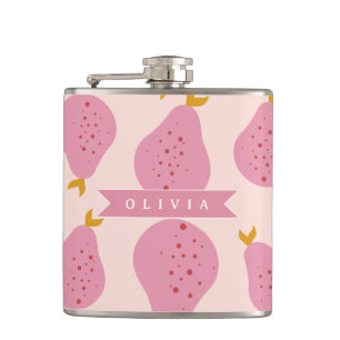 Personalized Pink Pear Pattern Cute Girly Fruit Hip Flask