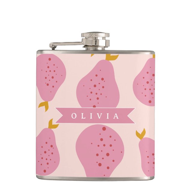Personalized Pink Pear Pattern Cute Girly Fruit Hip Flask (Front)