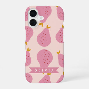 Personalized Pink Pear Pattern Cute Girly Fruit iPhone 16 Case