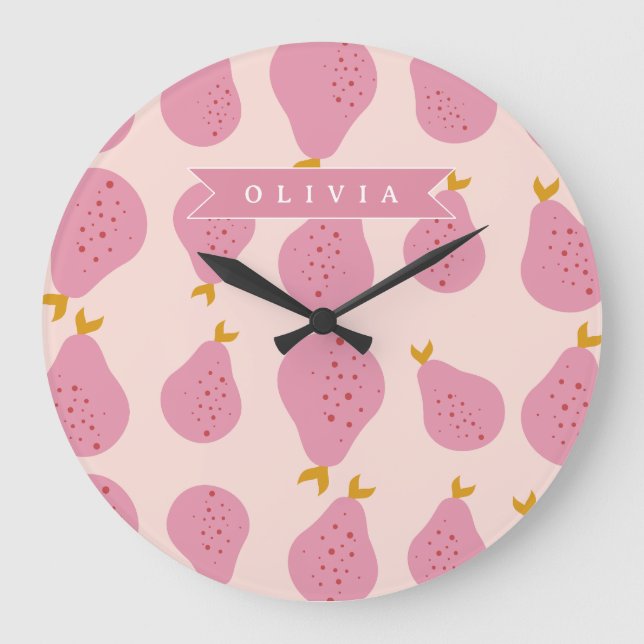 Personalized Pink Pear Pattern Cute Girly Fruit Large Clock (Front)