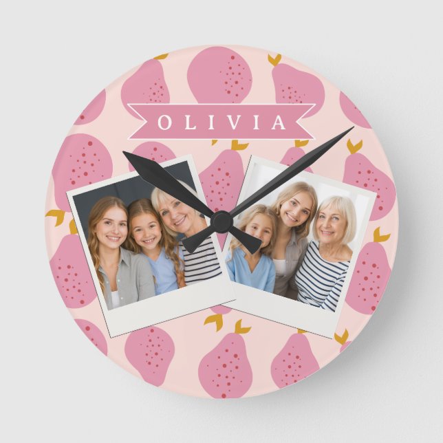 Personalized Pink Pear Pattern Cute Girly Fruit Round Clock (Front)