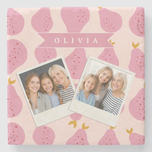 Personalized Pink Pear Pattern Cute Girly Fruit Stone Coaster (Front)