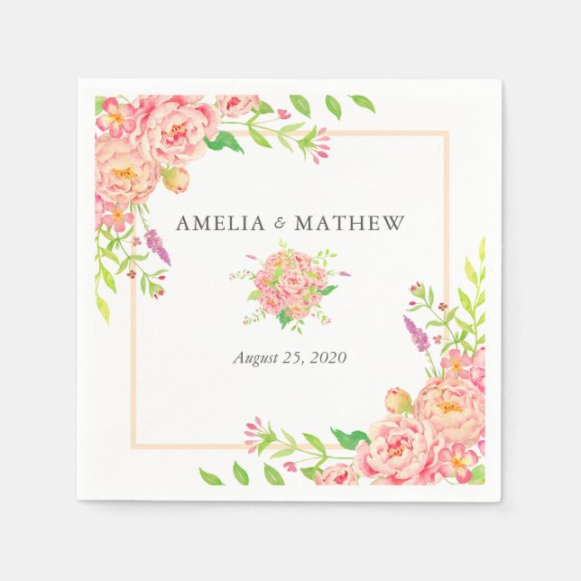 Personalized Pink Peony Wedding Napkin (Front)