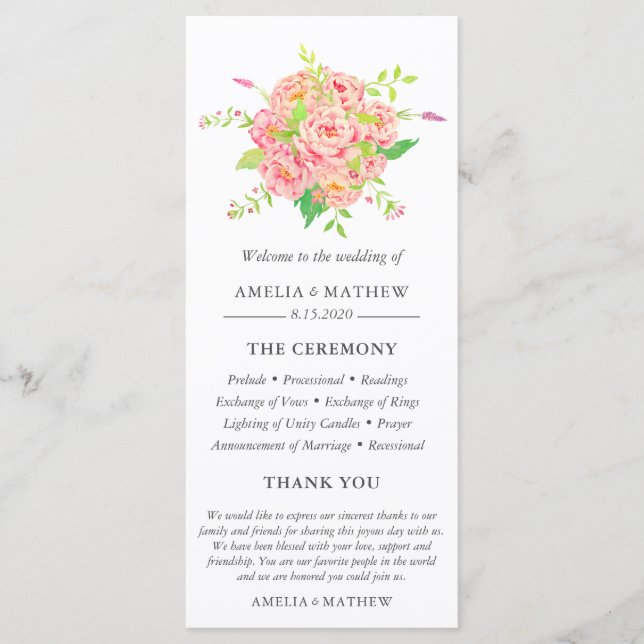 Personalized Pink Peony Wedding Program (Front)