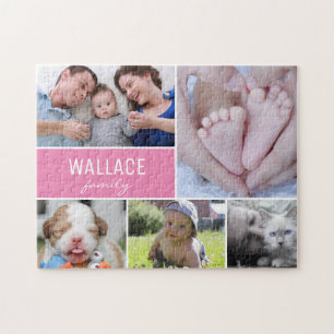Personalized Pink Photo Collage Family Jigsaw Puzzle