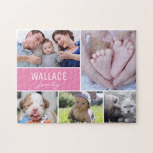 Personalized Pink Photo Collage Family Jigsaw Puzzle (Horizontal)