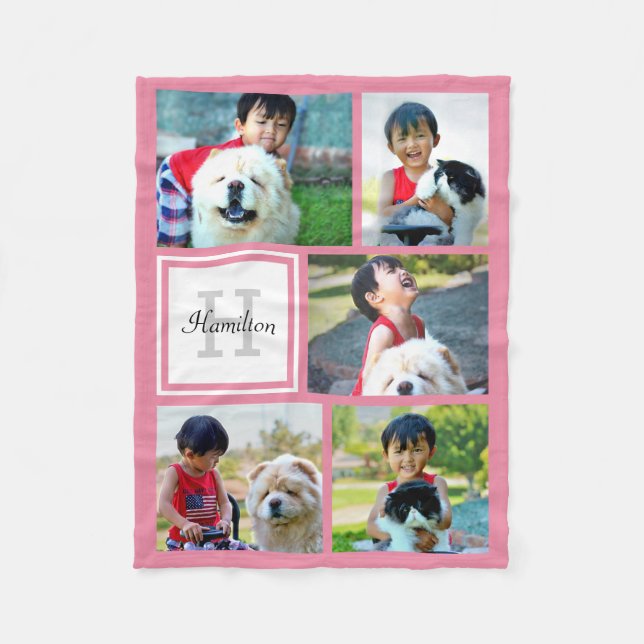 Personalized Pink Photo Collage Monogrammed Gift Fleece Blanket (Front)