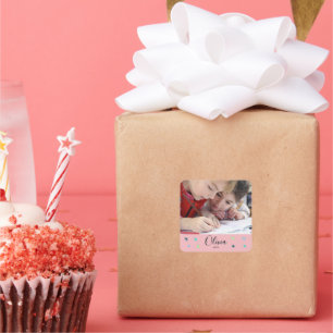 Personalized Pink Photo Name and Date Gift Square Sticker
