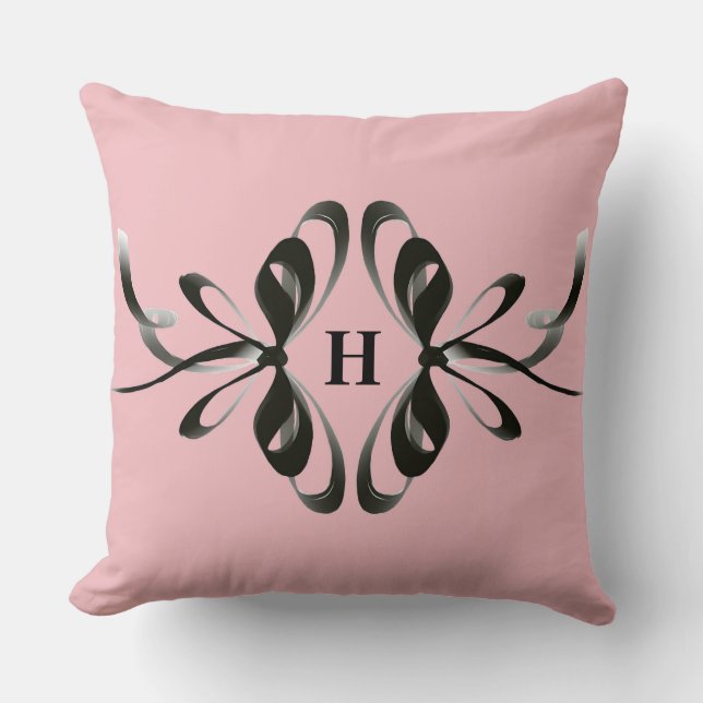 Personalized Pink Pillow with Black Bow Monogram (Front)
