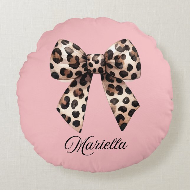 Personalized Pink Pillow with Leopard Bow  (Front)