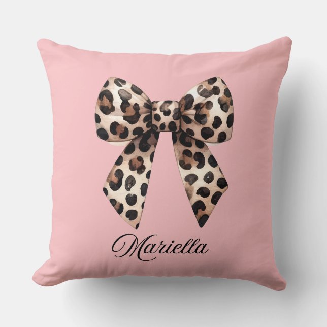 Personalized Pink Pillow with Leopard Bow  (Front)