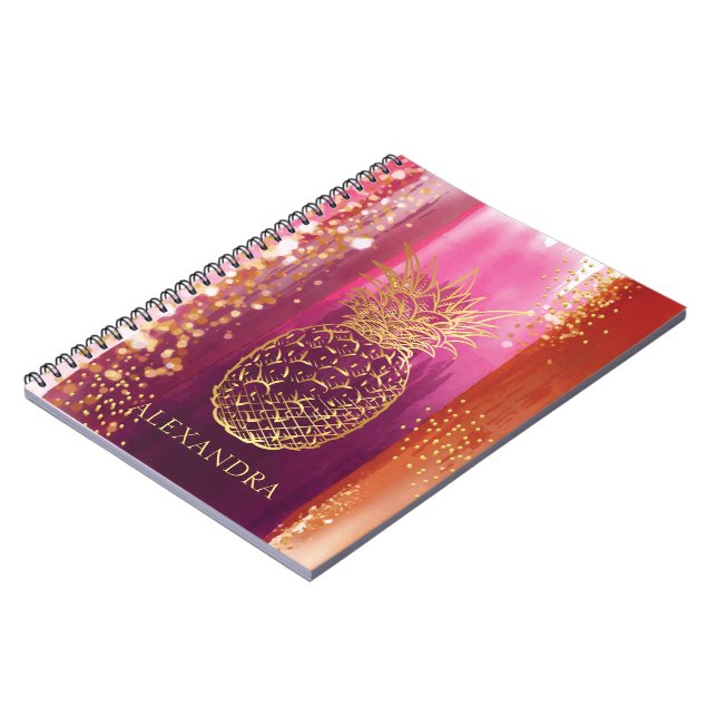 Personalized Pink Pineapple Gold Glitter Notebook (Left Side)