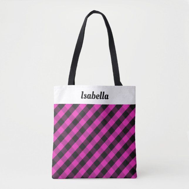 Personalized Pink Plaid Buffalo Check Patterned Tote Bag (Front)