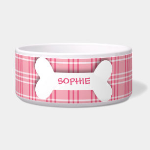Personalized pink plaid dog bone pet food bowl