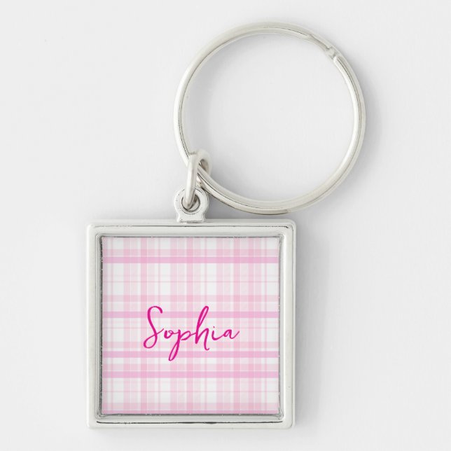 Personalized Pink Plaid  Keychain (Front)