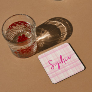Personalized Pink Plaid Paper Coaster with Name