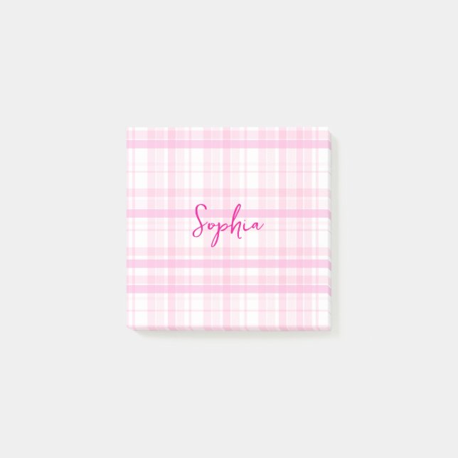 Personalized Pink Plaid Post-It Notes with Name  (Devant)