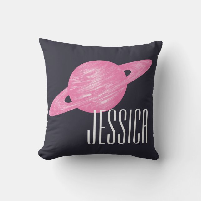 Personalized Pink Planet Hand-Drawn Saturn Navy Throw Pillow (Front)
