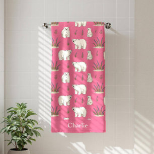 Personalized Pink Polar Bear Kids Bath Towel