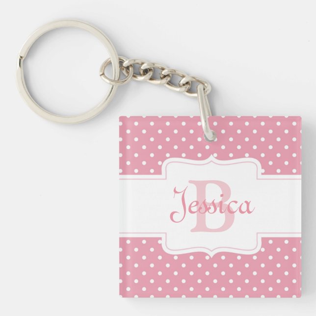 Personalized Pink Polka Dot Keychain (Front)