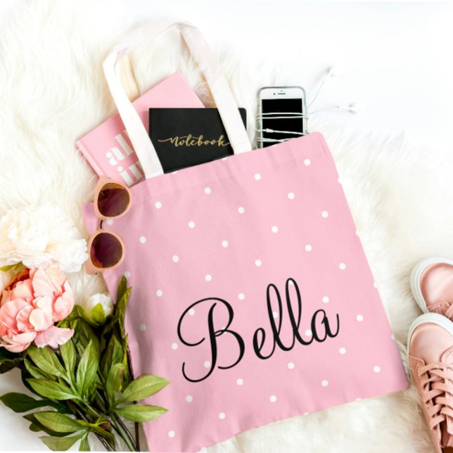  Personalized Pink Polka Dot Tote Bag (Créateur téléchargé)