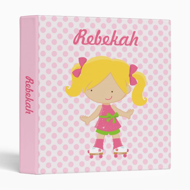 Personalized Pink Polka Dots Blonde Roller Skating Binder (Front/Spine)