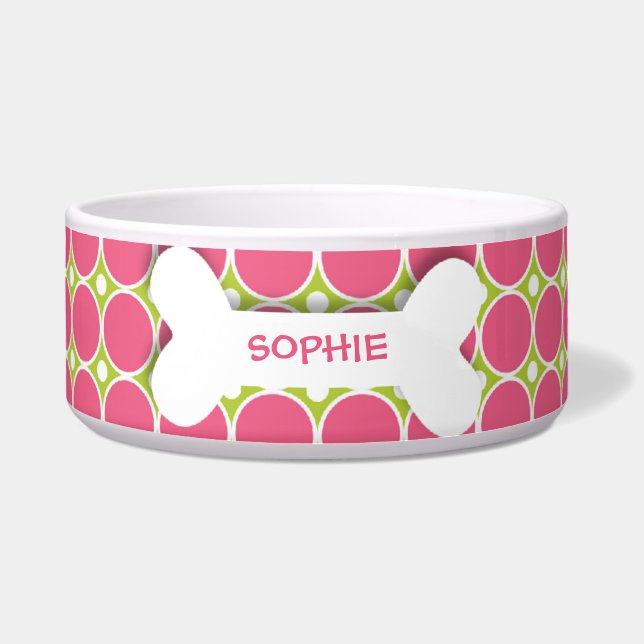 Personalized pink polkadots dog bone pet food bowl (Front)
